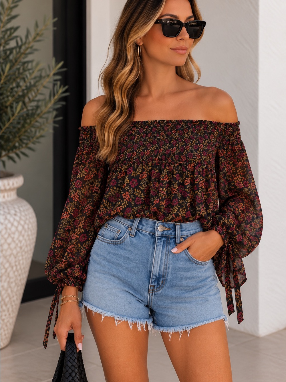 American Eagle Off-Shoulder Floral Blouse in Black and